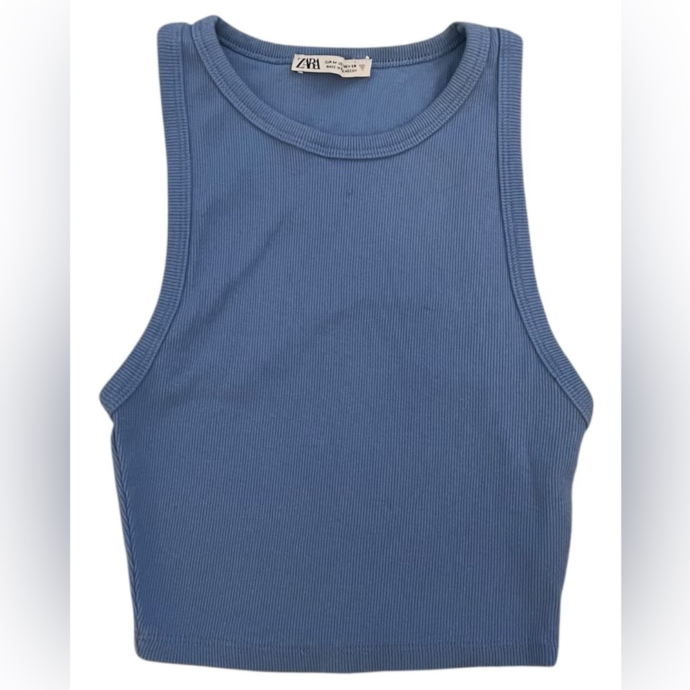 Zara Blue Ribbed Cropped Tank Top